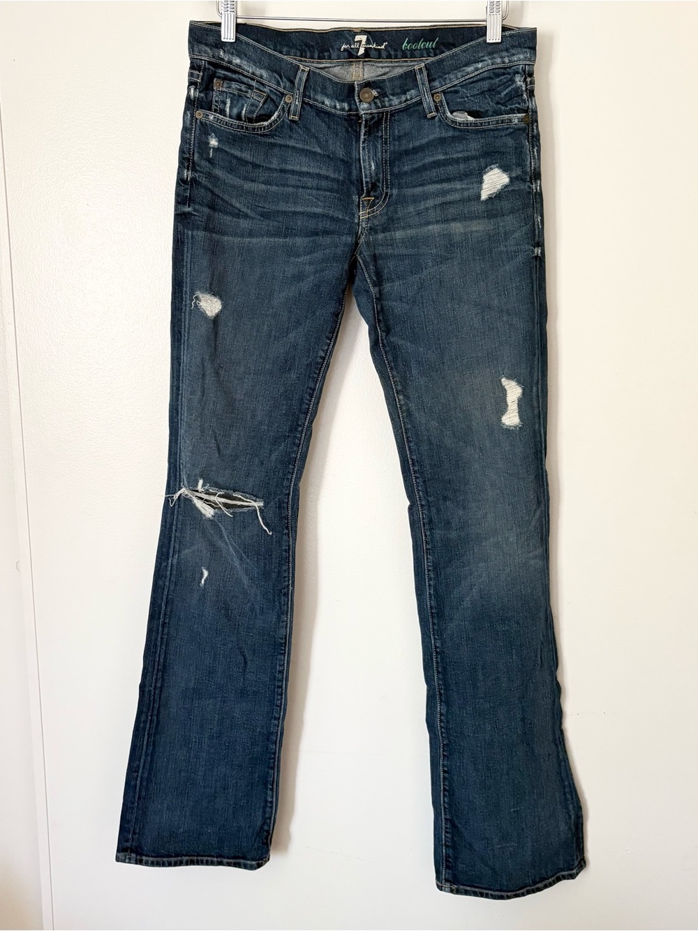 7 For All Mankind Dark Blue Distressed Bootcut Jeans